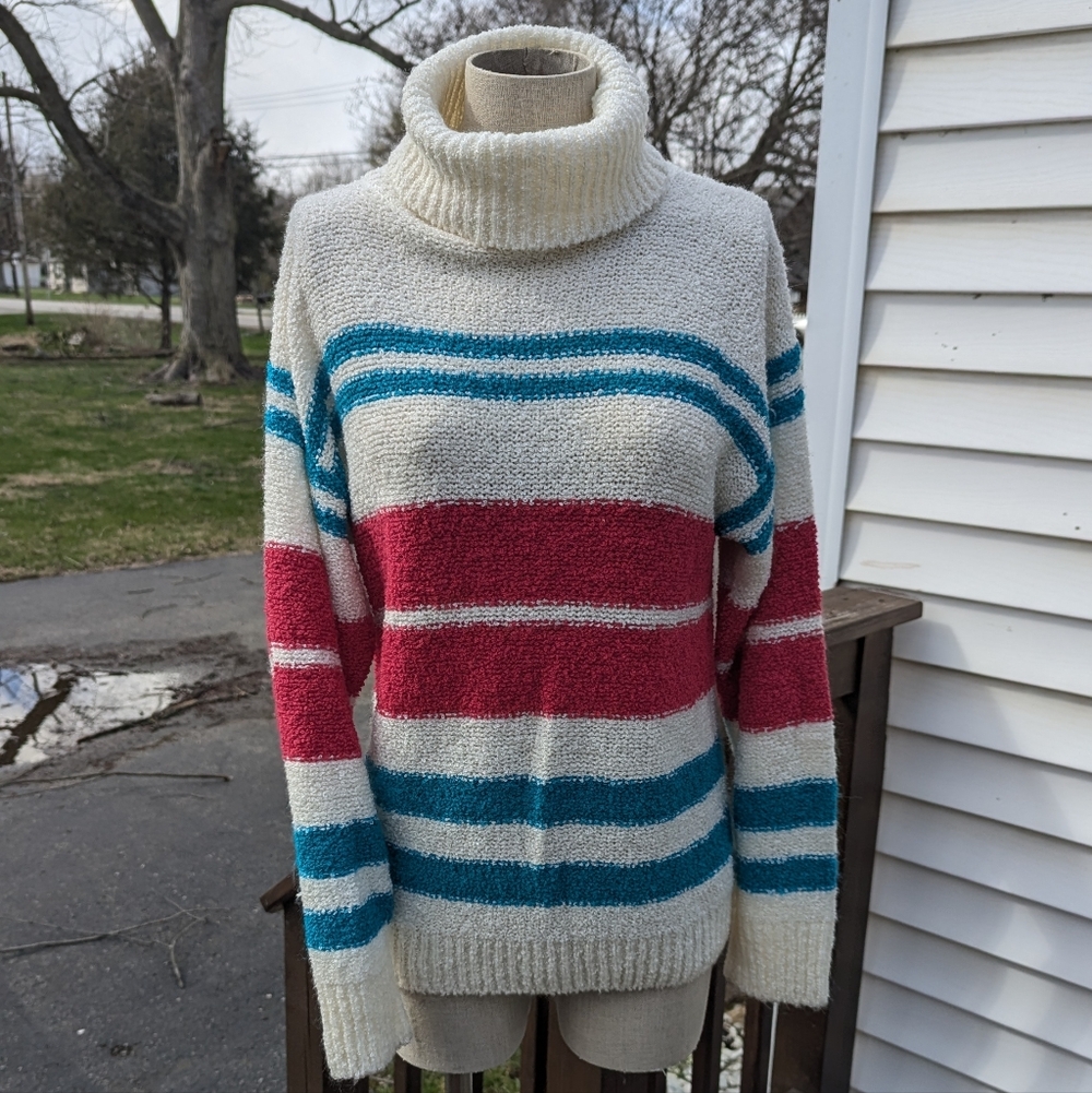 Vintage 90s Striped White Turtleneck Sweater